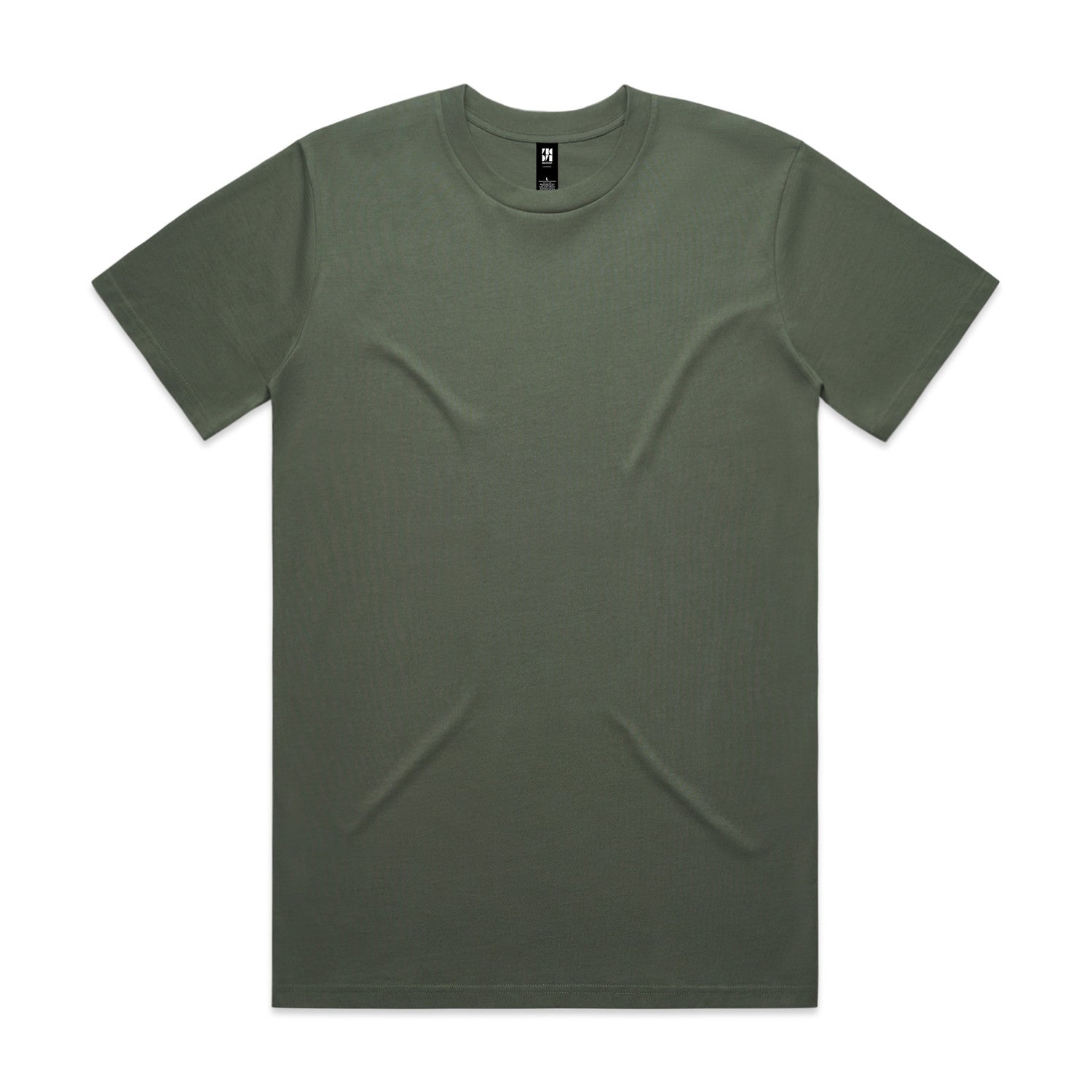 Olive green crew neck t-shirt with short sleeves and a simple design.