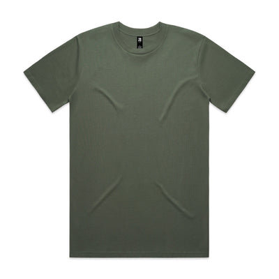 Olive green crew neck t-shirt with short sleeves and a simple design.