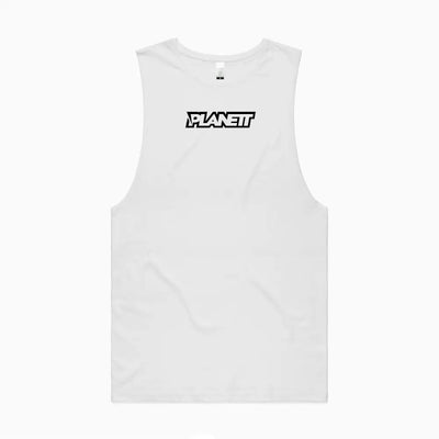 White sleeveless shirt with black lettering.
