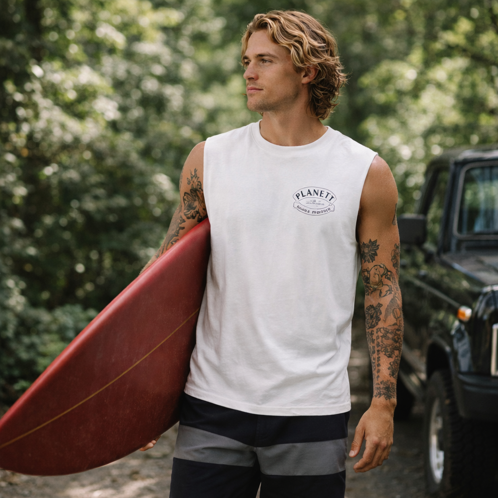 White sleeveless tank top with a small embroidered logo on the chest