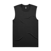 Black sleeveless tank top with pocket design, made of stretchy fabric.