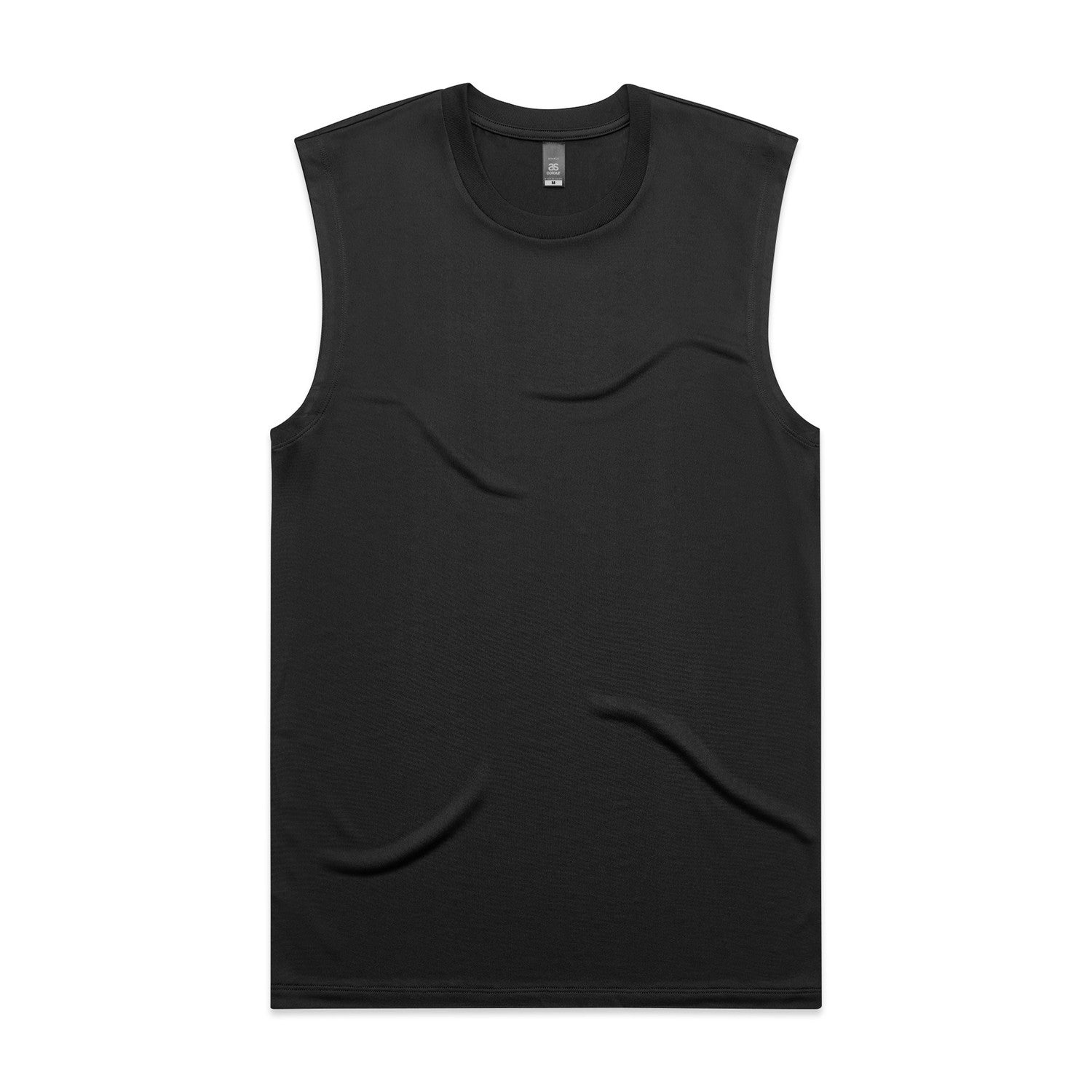 Black sleeveless tank top with pocket design, made of stretchy fabric.