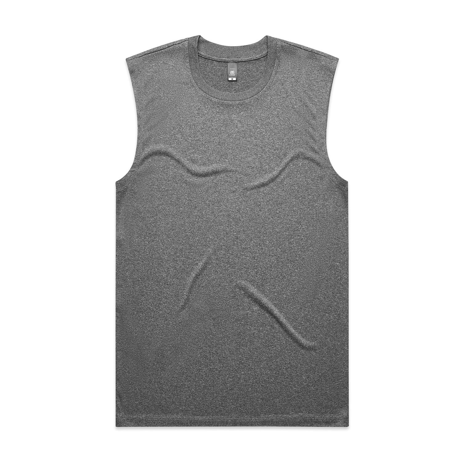 Charcoal heathered muscle tank top with wavy design and ribbed neckline.