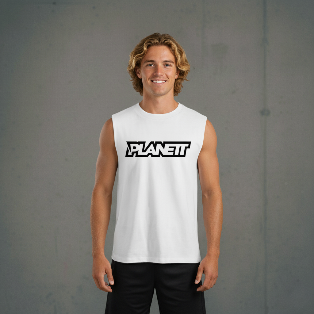 White sleeveless t-shirt with a black ’PLANETT’ logo.