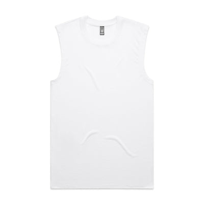 White sleeveless t-shirt with ribbed neckline and hem, likely made of cotton or polyester blend.