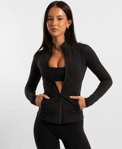 Black zip-up athletic jacket with pockets and a high collar.