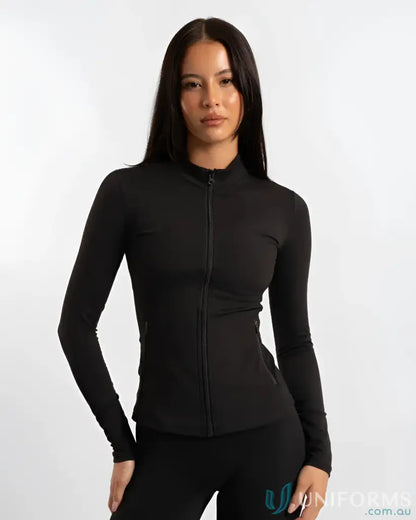 Black zip-up athletic jacket with ribbed cuffs and waistband, likely made of polyester or nylon.