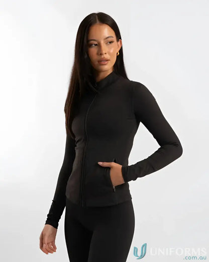 Black zip-up thermal jacket with high collar and long sleeves.