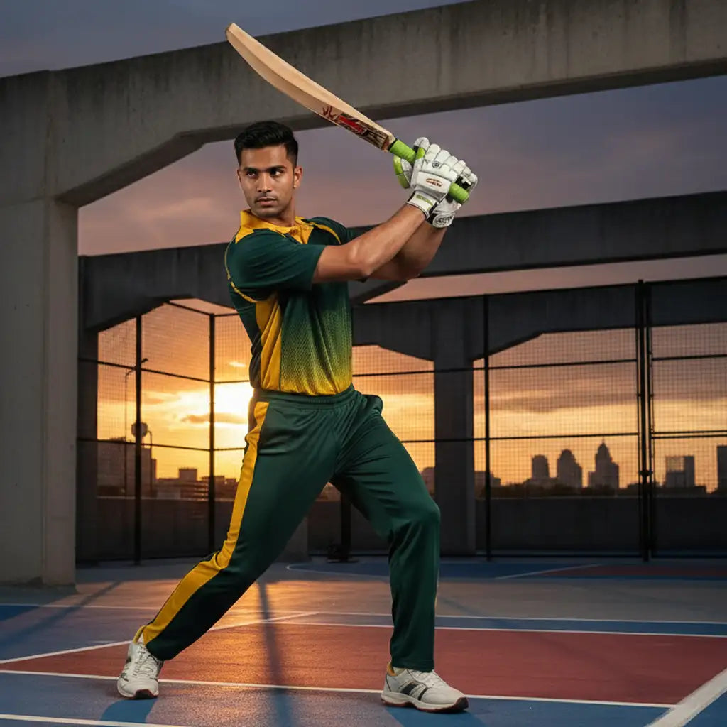 Cricket bat with a light wood finish and red and black branding on the handle