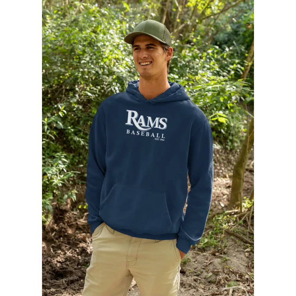 Navy blue ’Rams Baseball’ hoodie.