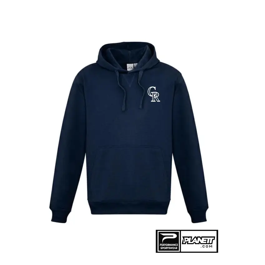 Navy blue hooded sweatshirt.
