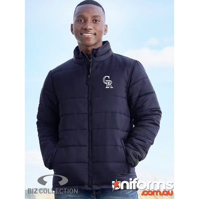 Navy puffer jacket.