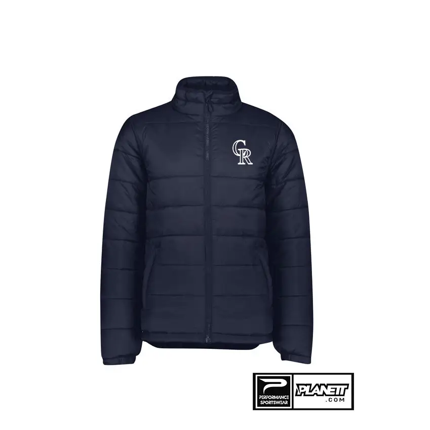 Navy blue puffer jacket.