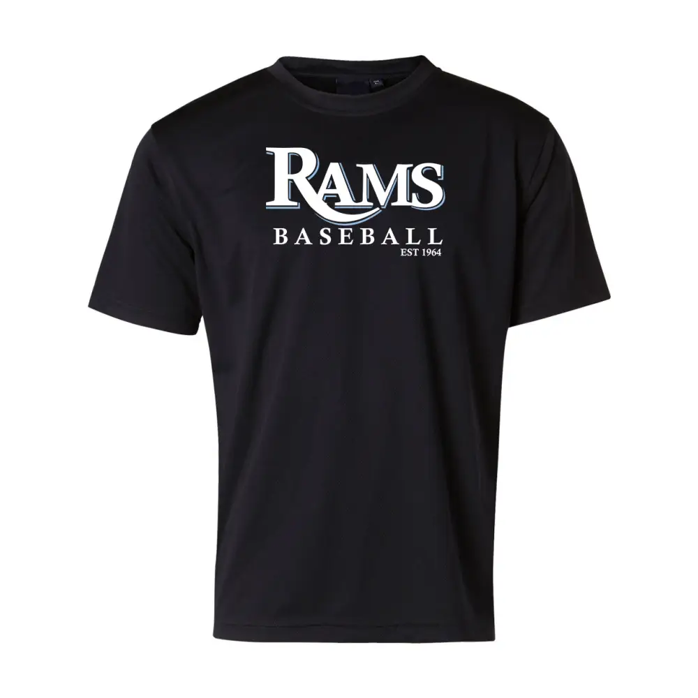 Black t-shirt with white lettering.