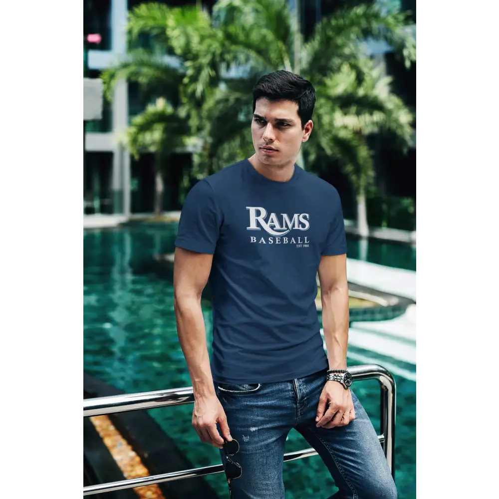 Navy blue ’Rams Baseball’ t-shirt.
