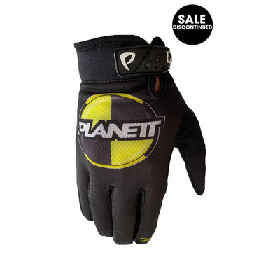 Black and yellow planett gloves with a logo design.