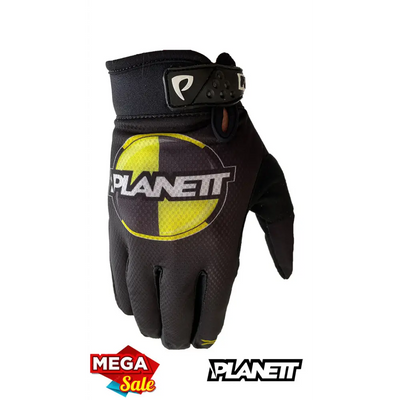 Black and yellow planett gloves with a circular logo design.