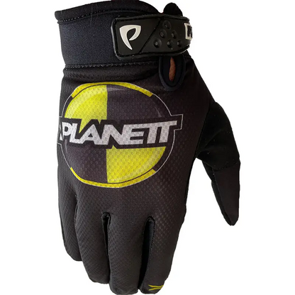 Black and yellow planetett glove with a padded wrist strap.