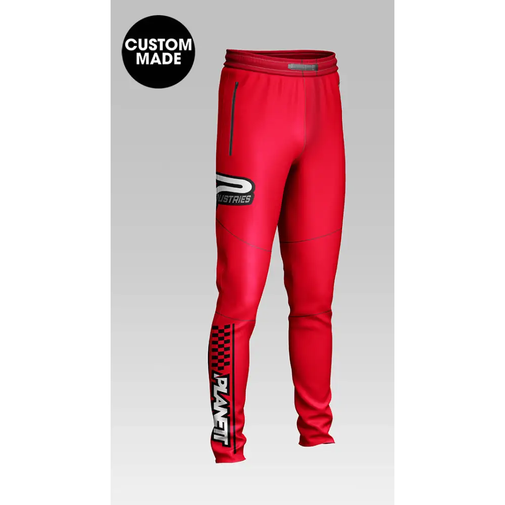 Red custom-made athletic pants.