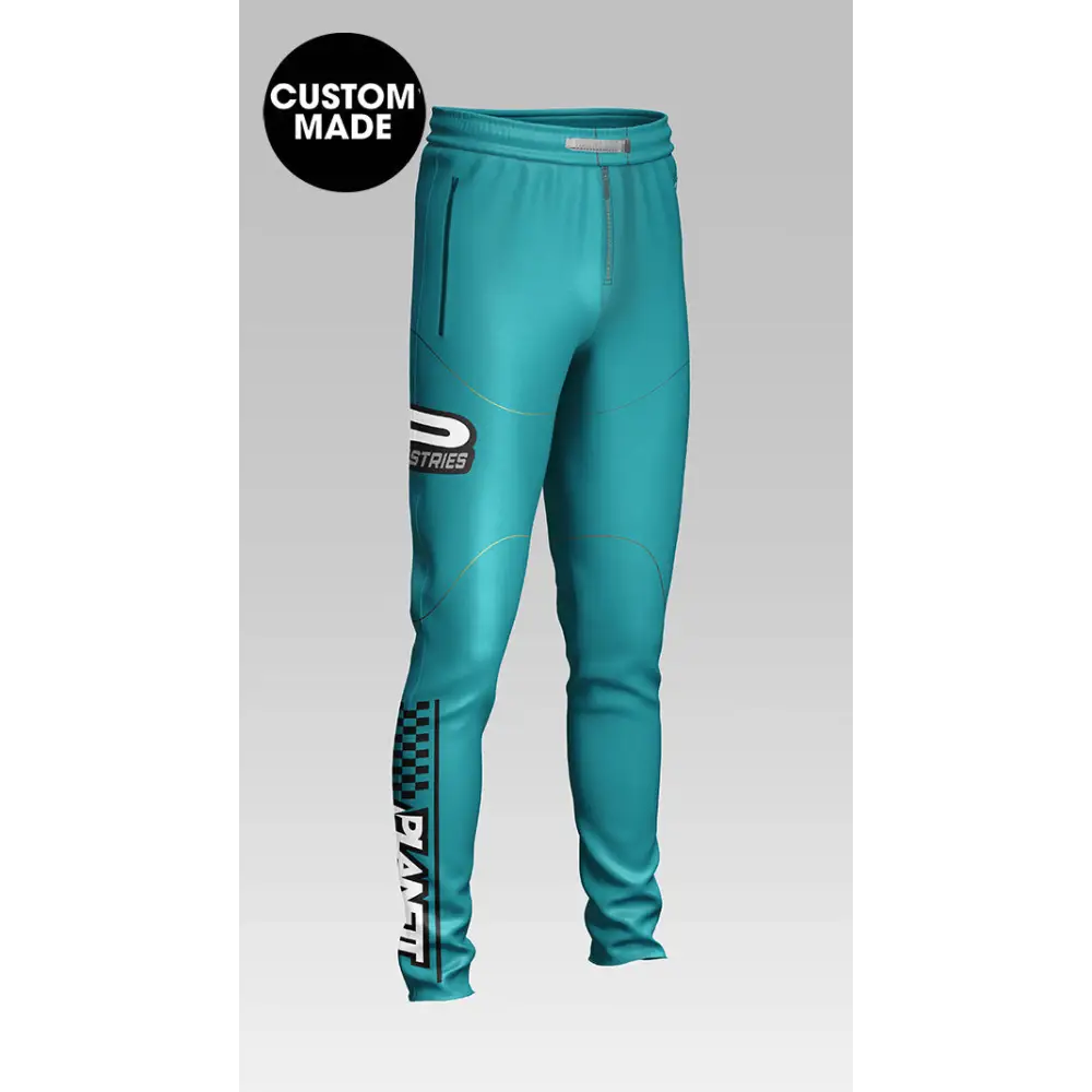 Teal custom-made athletic pants.