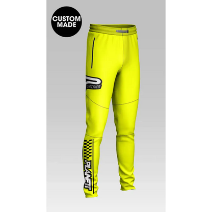 Yellow custom-made athletic pants.