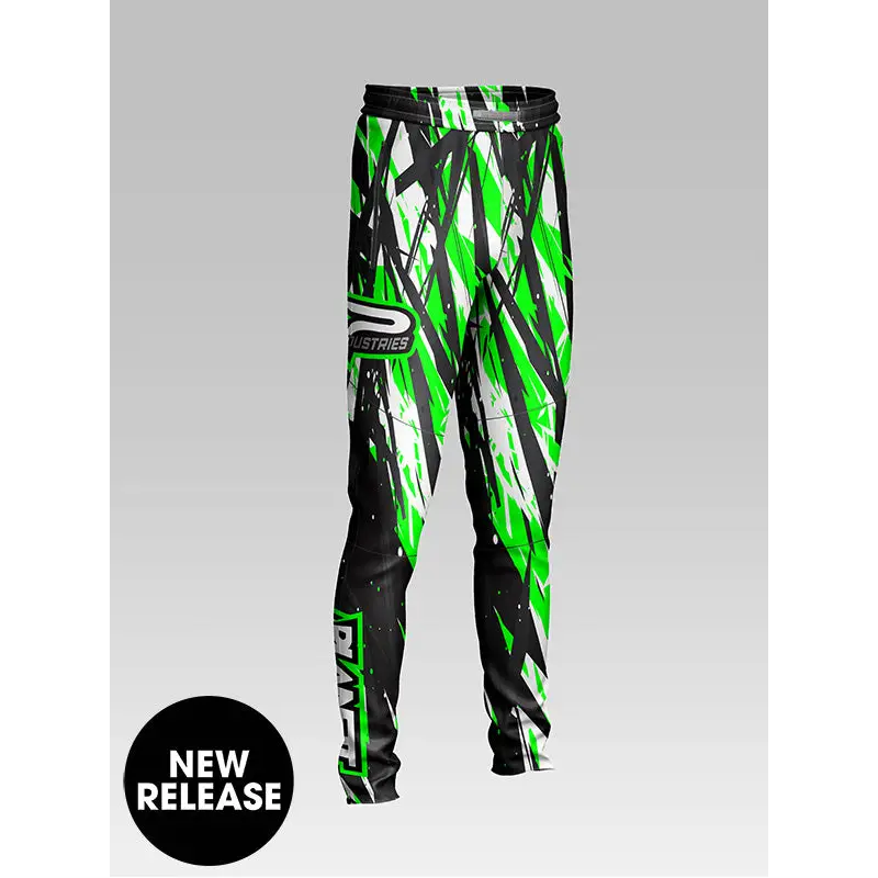 Green, black, and white patterned pants.