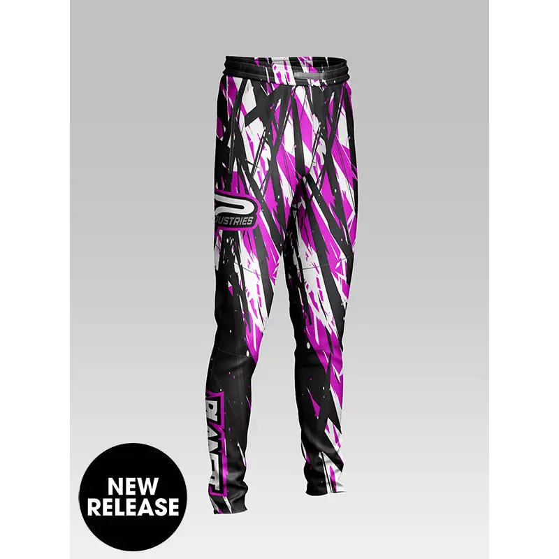 Purple, black, and white patterned pants.