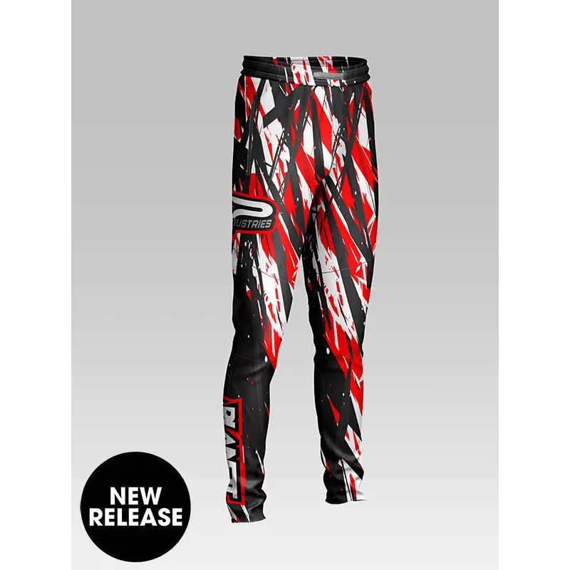 Red, white, and black patterned pants.