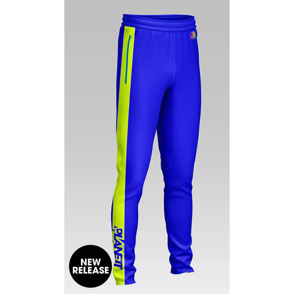 Blue and yellow track pants.