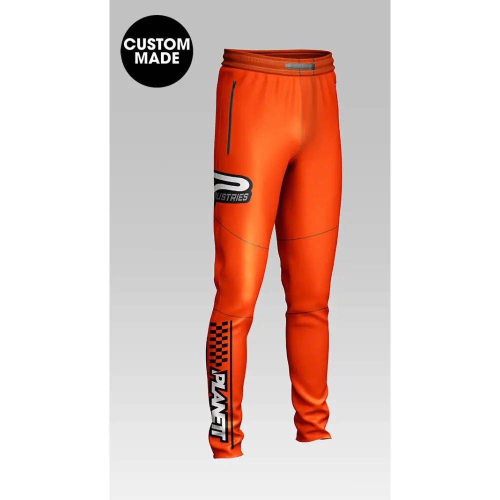 Orange custom-made athletic pants.