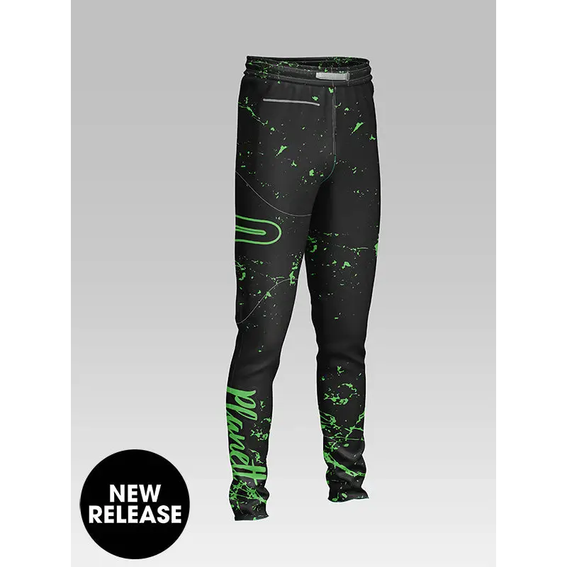 Black and green patterned sweatpants.