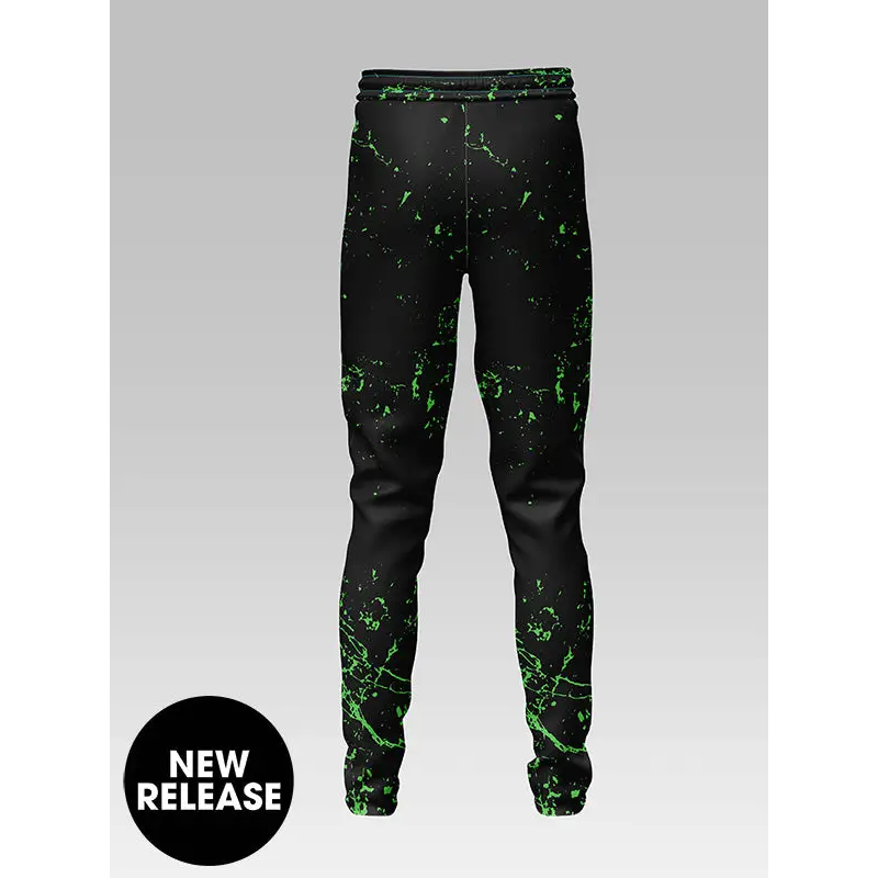 Black sweatpants with green splatter design.