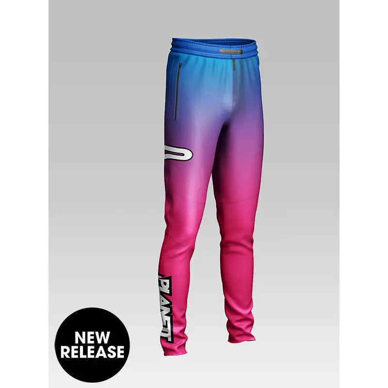 Gradient blue and pink athletic pants.