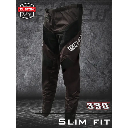 Black and gray slim-fit pants.