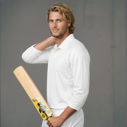 Cricket bat with yellow and black design, wooden material.