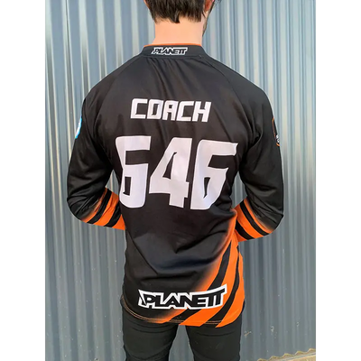 Black and orange long-sleeved jersey.