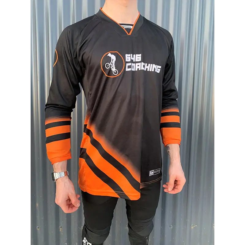 Black and orange long-sleeved cycling jersey.