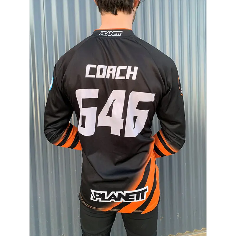 Black and orange long-sleeved jersey.