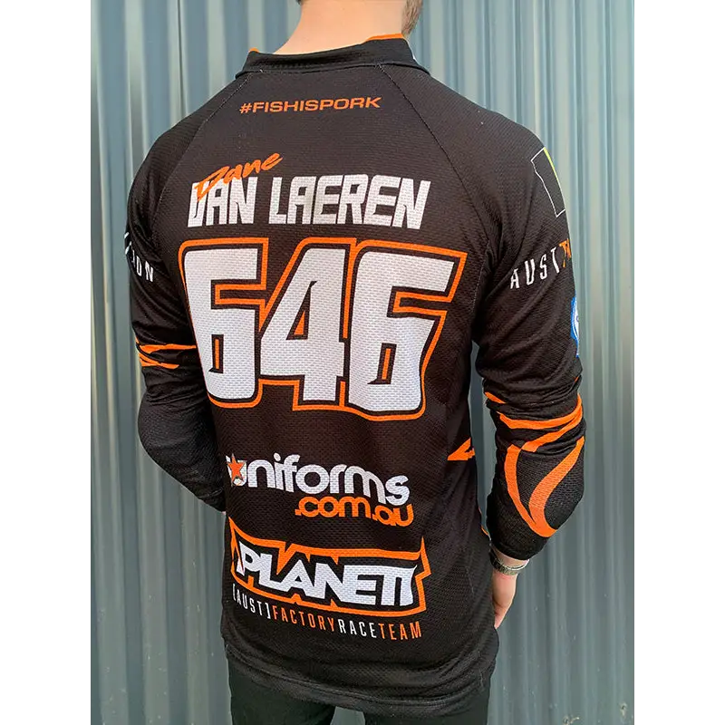 Black and orange racing jersey.