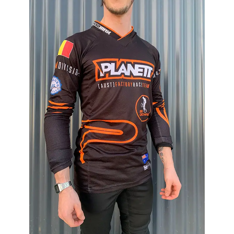 Black and orange long-sleeved jersey.