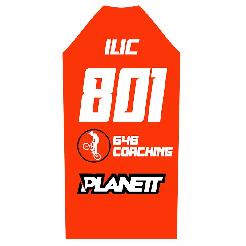 Orange racing bib.