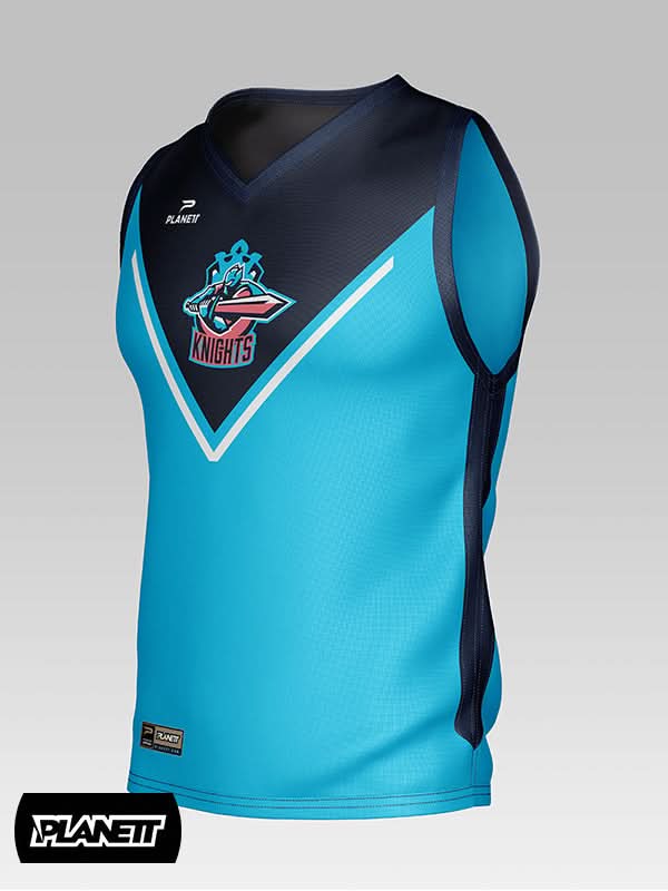 A sleeveless blue and black sports jersey with a V-neck and a team logo.