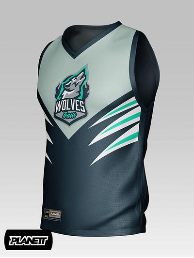 Sleeveless teal and grey sports jersey with a wolf logo.