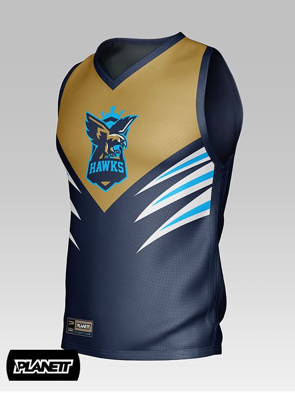 A sleeveless athletic jersey with a gold V-neck top, navy blue lower half, and a ’Hawks’ logo.