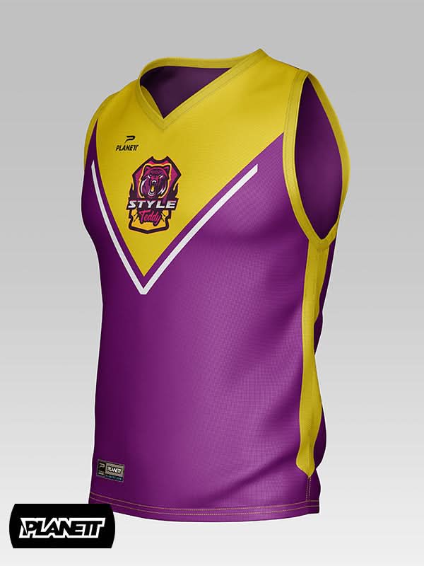 Purple and yellow sleeveless sports jersey with a V-neck and a bulldog logo.