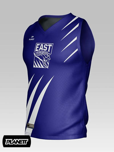 Blue sleeveless sports jersey with white diagonal stripes and a kangaroo logo.