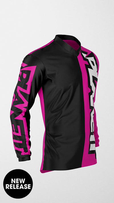 Black and pink long-sleeve athletic jersey.