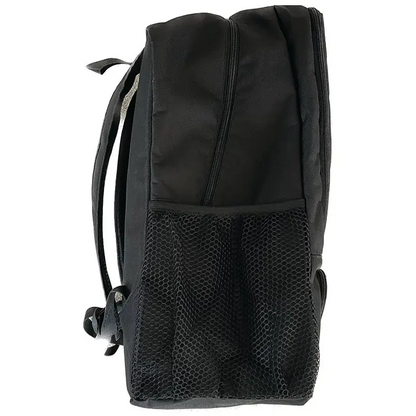 Black backpack with mesh pocket.