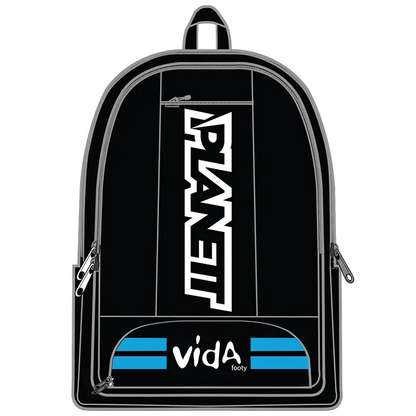 Black backpack with white and blue accents.