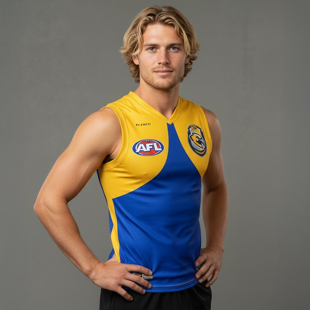 Blue and yellow afl singlet jersey with logo.